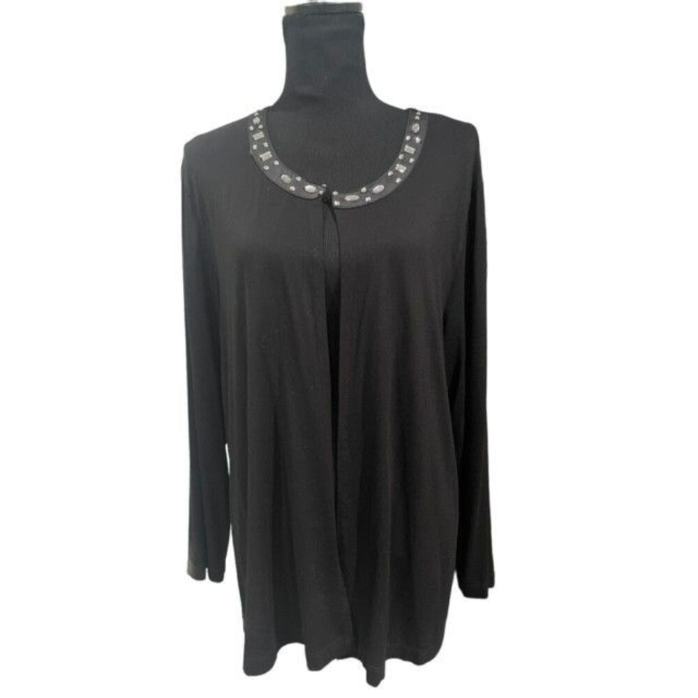 Ulla Popken Womens Jacket Size 16 18 Black Embellished Neckline 3/4 Sleeves